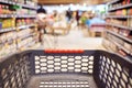 Abstract blurred photo of empty trolley in supermarket bokeh background. Empty shopping cart in supermarket Royalty Free Stock Photo