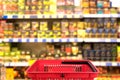 Abstract blurred photo of store with basket in department store bokeh background. business concept. Royalty Free Stock Photo