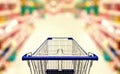 Abstract blurred photo of supermarket with empty shopping cart Royalty Free Stock Photo