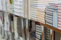 Abstract blurred of stops of books, textbooks or fiction in book store or in library. Education, school, study, reading Royalty Free Stock Photo
