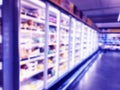 Abstract blurred supermarket store and refrigerators in department store. Interior shopping mall defocused background. Business fo Royalty Free Stock Photo