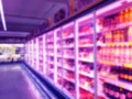 Abstract blurred supermarket store and refrigerators in department store. Interior shopping mall defocused background. Business fo Royalty Free Stock Photo