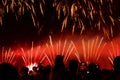 Abstract blurred unrecognizable crowd of young people at concert, show of Fireworks fun of youth, joint leisure