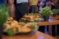 Abstract blurry food background. Small burgers with meat, salads cheese and tomatoes on wooden plate during summer barbecue party Royalty Free Stock Photo