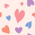 Abstract blurry heart shapes pattern. Modern colorful background with grainy texture. Noisy floating hand drawn hearts backdrop Royalty Free Stock Photo