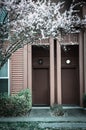 Abstract blurry porch entrance of attached townhome in suburbs Seattle, Washington, USA