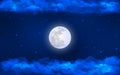 Vector Bright Full Moon and Stars in Dark Blue Night Sky with Cloudy Border Royalty Free Stock Photo