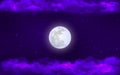 Vector Abstract Bright Full Moon and Stars in Dark Purple Night Sky Background with Cloudy Border Royalty Free Stock Photo