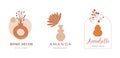 Abstract bohemian art aesthetic logo design. Arrangements of pottery and ceramic pots, vases with dry leafs, plants