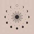 Abstract boho moon phases. Mystic contemporary sun moon symbols, bohemian magic poster decor. Vector illustration