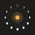 Abstract boho moon phases. Mystic contemporary sun moon symbols, magic poster decor. Vector illustration