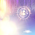 Abstract bokeh background with shining bitcoin symbol and mother board circuits. Digital blockchain network concept.