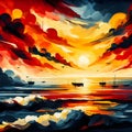 Abstract bold painting art of sunset over the sea with silhouette of boats, waves and clouds, abstraction, design, nature Royalty Free Stock Photo