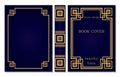 Abstract Book cover and spine design. Vintage old frames and Ornaments. Luxury Gold and dark blue style design. Border to be