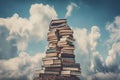 Abstract book stack with ladder on sky with clouds background. Knowlenge concept, generative ai. Royalty Free Stock Photo