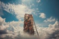Abstract book stack with ladder on sky with clouds background. Knowlenge concept, generative ai. Royalty Free Stock Photo