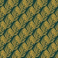 Abstract botanic motif seamless pattern with orange fern leaf silhouettes ornament. Dark blue background