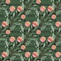 Abstract botanic nature seamless pattern with pink folk bouquet ornament. Green background with strips