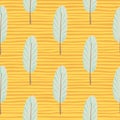 Abstract botanic seamless leaf pattern. Floral silhouettes in light blue color on yellow background with strips