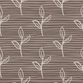 Abstract botanic seamless pattern with contoured leaf branches shapes. Brown striped backround Royalty Free Stock Photo