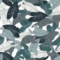 Abstract botanic seamless pattern with exotic leaves, hand drawn background