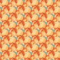 Abstract botanic seamless pattern with orange orchid flower shapes. Blue background