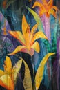 Abstract botanical artwork with a vibrant depiction of orange lilies.