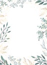 Abstract botanical background with tree branches and leaves in line art. Green and golden leaf, brush, line, splash of paint. Royalty Free Stock Photo