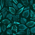 Abstract botanical pattern. Seamless print composed of blue and green stamps of leaves on black background. Bright colorful backgr