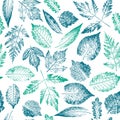Abstract botanical pattern. Seamless print composed of blue and green stamps of leaves of tree and bush on white background. Brigh