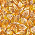 Abstract botanical pattern. Seamless print composed of yellow, white and orange stamps of leaves on brown background. Bright Royalty Free Stock Photo