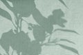 Abstract botanical pattern, sunlight shadow silhouette of leaves on linen sage green fabric. Aesthetic background for