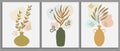 Abstract botanical wall decoration poster set. Collection of three minimalist floral collage with tropical palm branch in vase