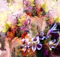 Abstract bouquet of stylized lilies in grunge striped and stained design