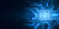 Abstract brain and binary code circuit on blue backdrop. Chip, data, ai, and future concept. Royalty Free Stock Photo