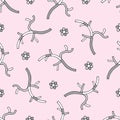 Abstract branches with flowers hand drawn vector seamless pattern. Spring background. Cartoon cute texture for surface design,