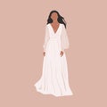 Abstract bride portrait. Woman in elegant wedding dress, hand drawn flat illustration minimal contemporary style, vector