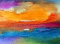 Watercolor abstract bright colorful textural background handmade . Painting of sky and clouds during sunset . Modern cosmic patter