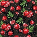 Abstract bright colorful pomegranate seamless pattern. Hand drawn brush grunge garnet fruit background.