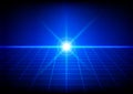 Abstract bright flare with grid perspective on blue background.