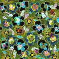 Bright funny seamless pattern with abstract multicolor flowers on a green background