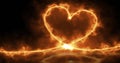 Abstract bright orange fiery energy light love heart with reflections and fire