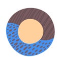 Abstract brown and blue donut design with patterns. Circle doughnut graphic with striped and dotted texture. Modern art