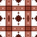 Abstract brown plaid pattern with floral motifs on white background graphic design Royalty Free Stock Photo