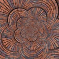 Abstract brown red flower shape spiral brick wall pattern background texture. Brown grunge brick wall round spiral pattern fractal