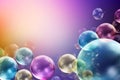 Abstract bubbles background. Realistic transparent colorful soap bubbles with rainbow reflection on a purple colored background. Royalty Free Stock Photo