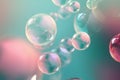 Abstract bubbles background. Realistic transparent colorful soap bubbles with rainbow reflection on a trendy colored background. Royalty Free Stock Photo