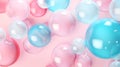 Abstract bubbles background. Realistic transparent soap bubbles on a light pink colored background. Beautiful blue and pink glossy Royalty Free Stock Photo