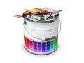 Abstract Bucket with Colored Palette Guide and Drawing set, 3d Illustration