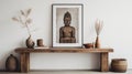Minimalistic Framed Wood Print Of Buddha On Bench - Earthy Tones, Hand-drawn, Photorealistic Details